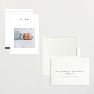 This is a cotton grand birth announcements with standard by Ani Somi called noah printing on recycled smooth signature in grand