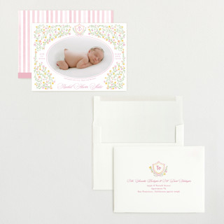 This is a cotton candy grand birth announcements with standard by Creo Study called cottagecore printing on smooth signature in grand