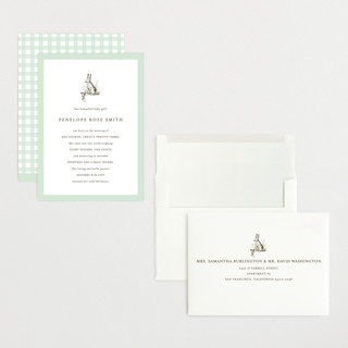 This is a mint grand birth announcements with standard by Megan Davis called classic bunny printing on signature in grand