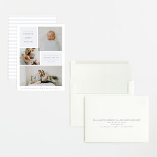 This is a dusty blue grand birth announcements with standard by Julie Murray called love multiplies printing on recycled smooth signature in grand