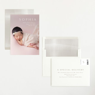 This is a white grand birth announcements with standard by Phrosné Barwood called angel printing on recycled smooth signature in grand