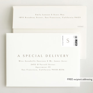 This is a white grand birth announcements with standard by Phrosné Barwood called angel printing on recycled smooth signature in grand