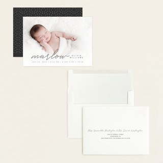 This is a graphite grand birth announcements with standard by Megan Cash called marlow printing on recycled smooth signature in grand