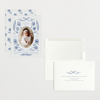 This is a delft blue grand birth announcements with standard by Ani Somi called painted flowers printing on recycled smooth signature in grand