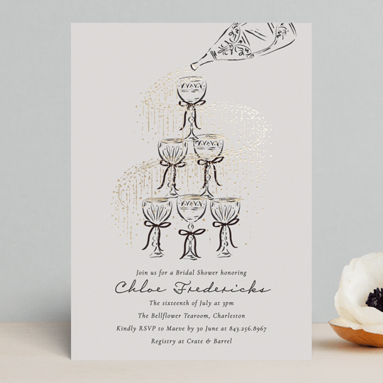 "Sparkling Champagne Tower" - Hand Drawn Foil-pressed Bridal Shower Invitations in Petal by Jackie Crawford.