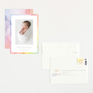 This is a sherbert petite birth announcements with standard by Kaydi Bishop called rainbow surround printing on recycled smooth signature in petite