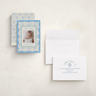 This is a periwinkle petite birth announcements with standard by Jackie Crawford called highgrove printing on signature in petite