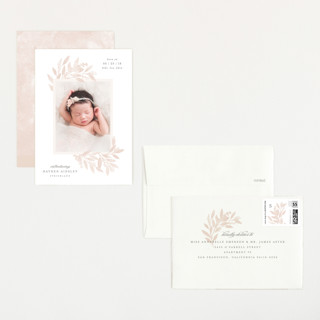 This is a blush petite birth announcements with standard by Hooray Creative called botanical corners printing on recycled smooth signature in petite