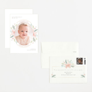 This is a blush petite birth announcements with standard by Nicole Barreto called darling posy printing on recycled smooth signature in petite