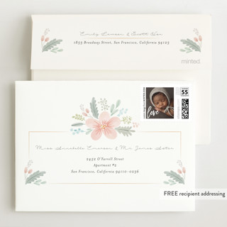 This is a blush petite birth announcements with standard by Nicole Barreto called darling posy printing on recycled smooth signature in petite