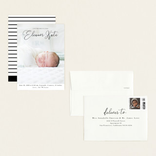 This is a onyx petite birth announcements with standard by Kasia Labocki called formal script printing on recycled smooth signature in petite