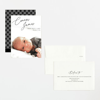 This is a obsidian petite birth announcements with standard by Kaydi Bishop called on the horizon printing on signature in petite