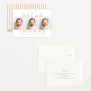 This is a sand petite birth announcements with standard by Carolyn MacLaren called trio overlay printing on signature in petite