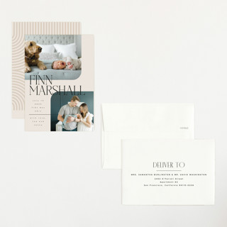 This is a linen petite birth announcements with standard by Kelly Schmidt called happy overlay printing on signature in petite