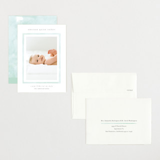 This is a mint petite birth announcements with standard by Lauren Chism called golightly printing on recycled smooth signature in petite