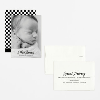 This is a volcano petite birth announcements with standard by Owl and Toad called just the facts printing on signature in petite