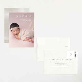 This is a white petite birth announcements with standard by Phrosné Barwood called angel printing on recycled smooth signature in petite