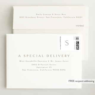 This is a white petite birth announcements with standard by Phrosné Barwood called angel printing on recycled smooth signature in petite