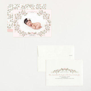 This is a blush petite birth announcements with standard by Susan Moyal called sweet floral vine printing on recycled smooth signature in petite