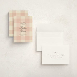This is a blush petite birth announcements with standard by Ellen Schlegelmilch called sweet gingham printing on signature in petite
