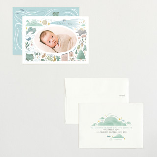 This is a blue jay petite birth announcements with standard by Grae called a wonderful world printing on recycled smooth signature in petite