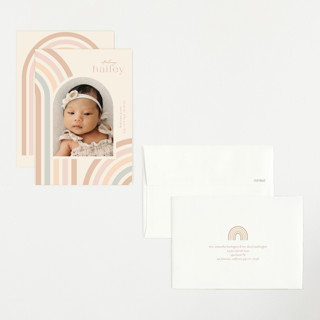This is a taupe petite birth announcements with standard by Ashley Iwafuchi called mod rainbow arch printing on signature in petite