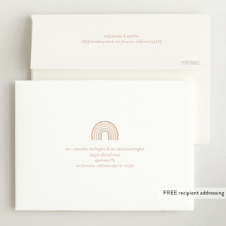 This is a taupe petite birth announcements with standard by Ashley Iwafuchi called mod rainbow arch printing on signature in petite