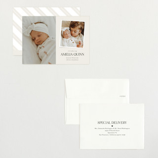 This is a cream petite birth announcements with standard by Jessica Williams called petite introduction printing on signature in petite