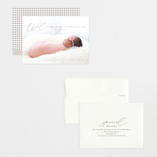 This is a gravel petite birth announcements with standard by Olivia Raufman called delightful welcome printing on signature in petite