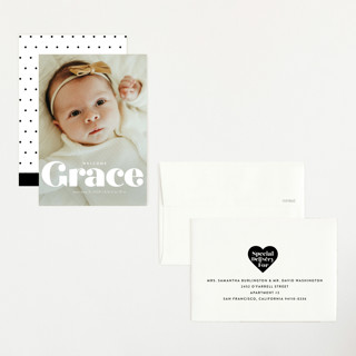 This is a pearl petite birth announcements with standard by Lori Wemple called name printing on signature in petite
