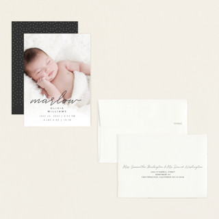 This is a graphite petite birth announcements with standard by Megan Cash called marlow printing on recycled smooth signature in petite