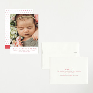 This is a strawberry petite birth announcements with standard by Megan Davis called canvas printing on recycled smooth signature in petite