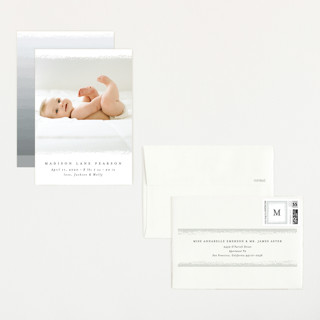 This is a dove petite birth announcements with standard by Amy Payne called deckled edge printing on recycled smooth signature in petite