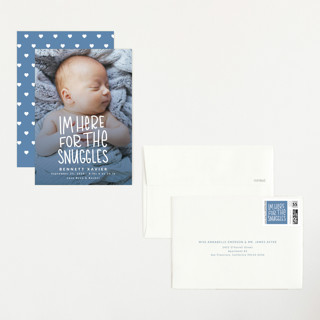This is a dusty blue petite birth announcements with standard by Megan Cash called snuggles printing on recycled smooth signature in petite