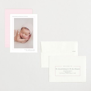 This is a blush petite birth announcements with standard by Lauren Chism called simply serene printing on recycled smooth signature in petite