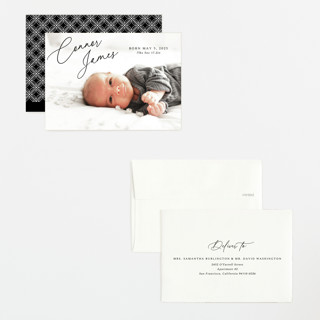 This is a obsidian petite birth announcements with standard by Kaydi Bishop called on the horizon printing on signature in petite