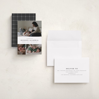 This is a noir petite birth announcements with standard by Wildfield Paper Co called quartzite printing on signature in petite