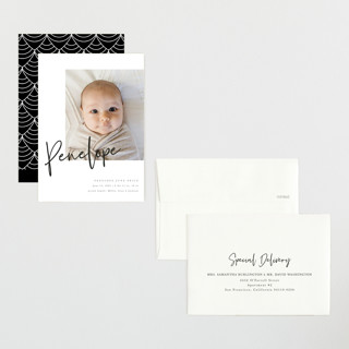 This is a blackboard petite birth announcements with standard by Amy Payne called clean lines printing on recycled smooth signature in petite