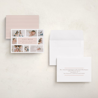 This is a blush petite birth announcements with standard by Maria Alou called family album printing on recycled smooth signature in petite