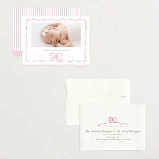This is a peony petite birth announcements with standard by Creo Study called squiggle bow printing on signature in petite