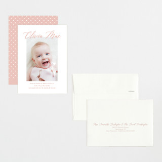 This is a sweet pea petite birth announcements with standard by Jennifer Postorino called sweet script printing on recycled smooth signature in petite