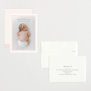 This is a baby blush petite birth announcements with standard by Carolyn MacLaren called scalloped border printing on signature in petite