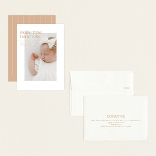 This is a peach petite birth announcements with standard by Ellen Schlegelmilch called eloise printing on signature in petite