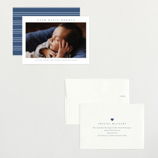 This is a cobalt petite birth announcements with standard by Stacey Meacham called simple name printing on signature in petite