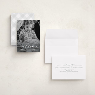 This is a cloud petite birth announcements with standard by Susan Asbill called little welcome printing on recycled smooth signature in petite