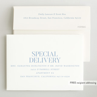 This is a bluebird day petite birth announcements with standard by Baumbirdy called type arch printing on recycled smooth signature in petite