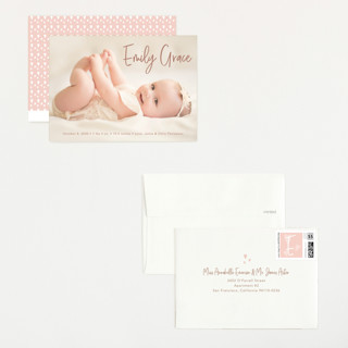 This is a dusty rose petite birth announcements with standard by Lorena Depante called elegance in the name printing on recycled smooth signature in petite