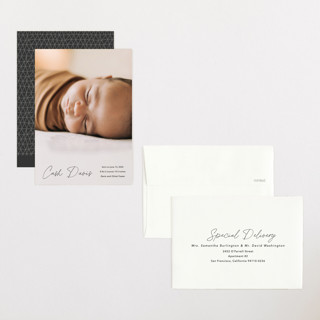 This is a charcoal petite birth announcements with standard by Stacey Meacham called swaddle printing on recycled smooth signature in petite