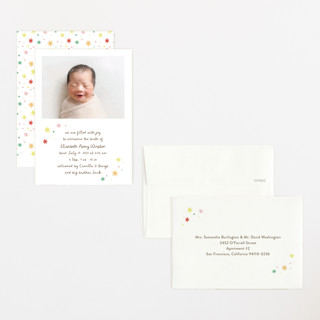 This is a strawberry petite birth announcements with standard by Megan Davis called constellation printing on signature in petite