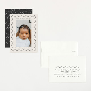 This is a licorice petite birth announcements with standard by Kelly Watkins called squiggle printing on signature in petite